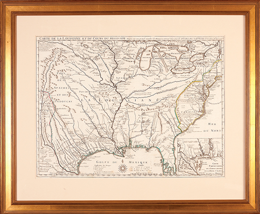 This 1718 map by Guillaume de l’Isle, published in Paris, shows the full extent of the French territory of ‘La Louisiane’ bordering the cluster of American colonies on the East Coast. The important document brought $13,743 at Neal’s last November. Image courtesy Neal Auction Galleries.